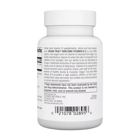 Source Naturals, Vegan True Non-GMO Vitamin D-3, 2,000 IU, 120 VegCaps