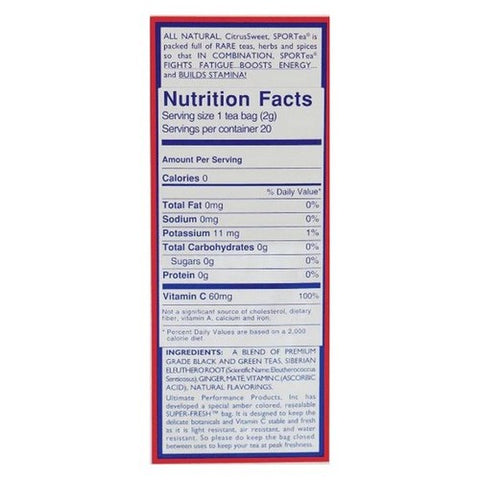 Sportea, Hot Tea 20 Cup Size Teabags With Green Tea Vitamin C Electrolytes  And Siberian Eleuthero Root, 1.4 Oz