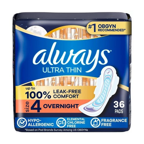 Always Discreet, Ultra Thin Pads With Flexi Wings Overnight Size 4, 36 Each Always Discreet