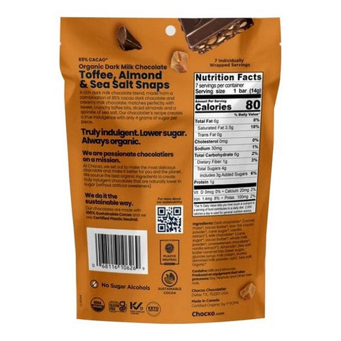 Chocxo, Organic Dark Milk Chocolate Toffee Almond And Sea Salt, 3.45 Oz(Case Of 6)