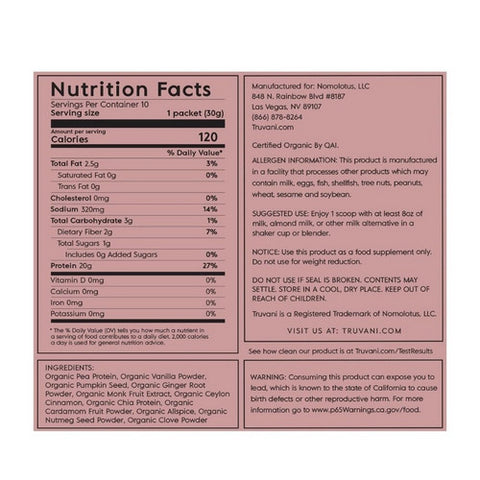 Truvani, Organic Plant Based Protein Vanilla Chai, 10.8 Oz