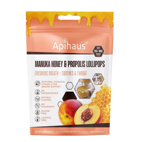 Apihaus, Manuka Honey & Propolis Lollipops Peach, 20 Lozenges
