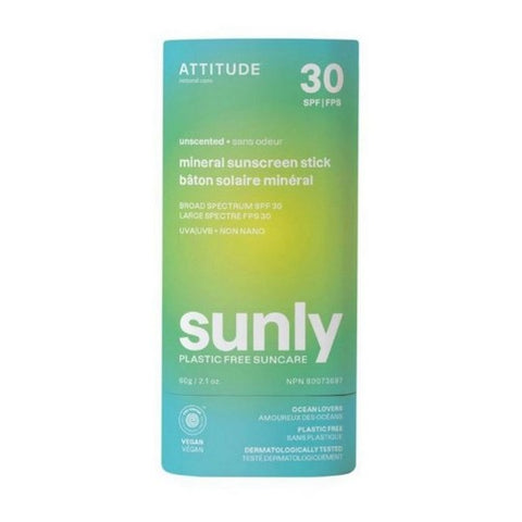 Attitude, Mineral Sunscreen Stick SPF 30 Sunly Plastic Free Unscented, 2.1 Oz
