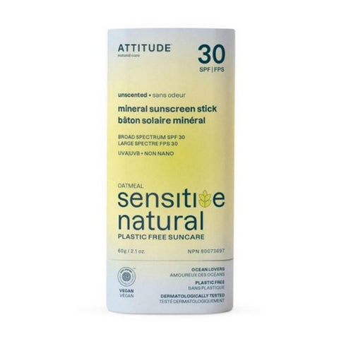 Attitude, Mineral Sunscreen Stick SPF 30 Sunly Plastic Free Unscented, 2.1 Oz