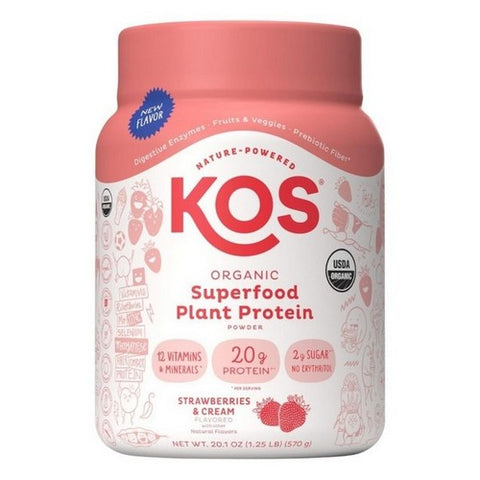 Kos, Organic Superfood Plant Protein Powder Strawberry Cream, Strawberries And Cream 20.1 Oz
