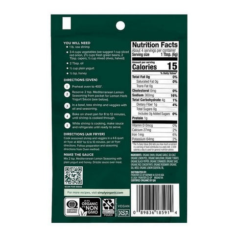 Simply Organic, Organic Sheet Pan Seasoning Mediterranean Lemon, 0.85 Oz