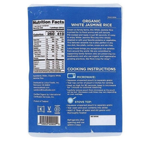 Lotus Foods, Organic White Jasmine Heat And Eat Rice Pouch, 8 Oz Lotus Foods