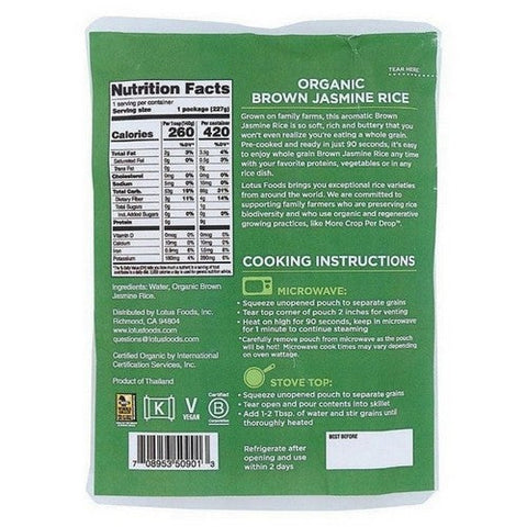 Lotus Foods, Organic Brown Jasmine Heat And Eat Rice Pouch, 8 Oz Lotus Foods