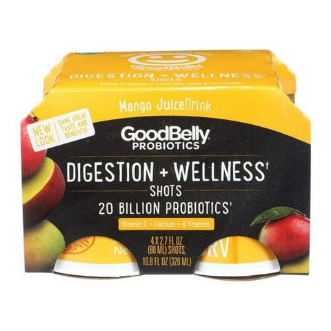 Good Belly, Probiotics Plus Shot With Vitamins And Calcium Mango Juice Drink, 2.7 Oz X 4 Count (Case Of 6)