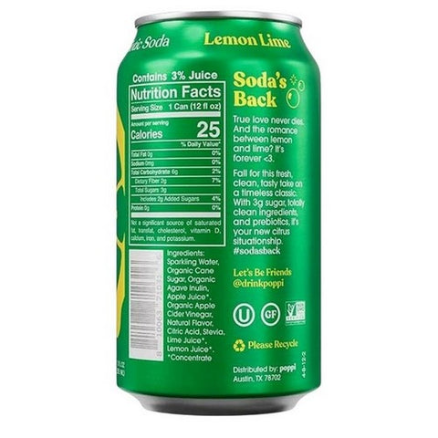 Poppi, Lemon Lime Prebiotic Soda, 12 Oz (Case Of 12)