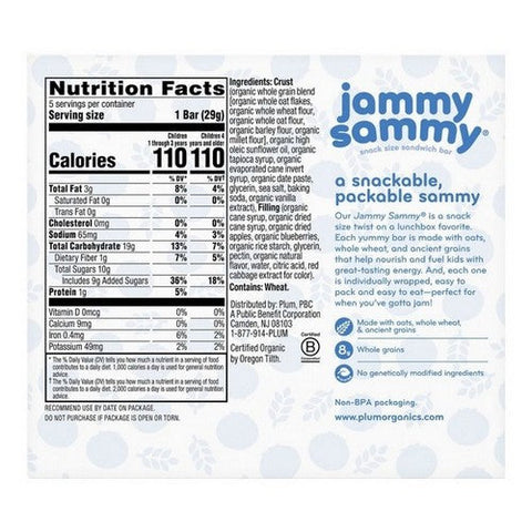 Plum Organics, Plum Kids Jammy Sammy Blueberries And Oatmeal Snack Size Sandwich Bar, 1.02 Oz X 5 Count (Case Of 6) Plum Organics
