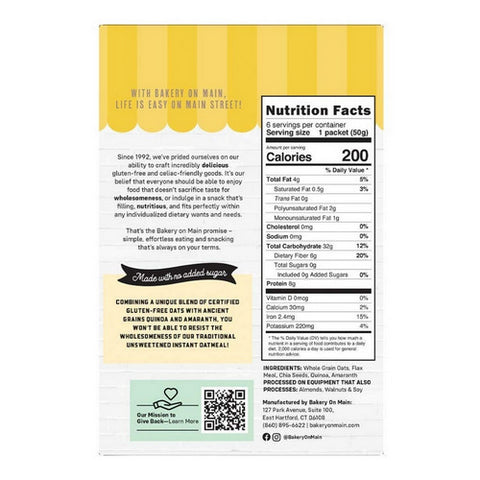 Bakery On Main, Instant Oatmeal Gluten Free Unsweetened, 10.5 Oz (Case Of 6)