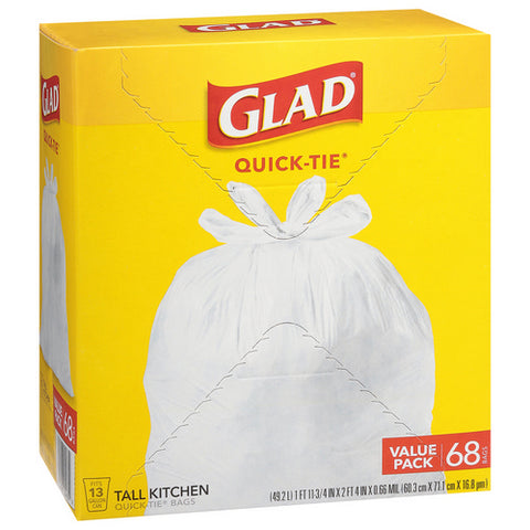 Glad, Quick Tie Tall Kitchen Bags, 68 Count (Case Of 4)