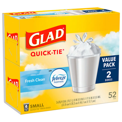 Glad, Quick Tie Febreze Fresh Clean Trash Bags, 52 Count (Case Of 4)