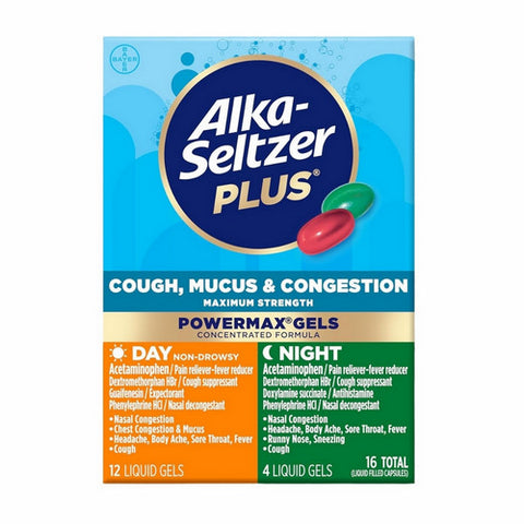 Alka-Seltzer, Power Fast Max Gels Day Night Maximum Strength Cough Mucus And Congestion Liquid Gels Original, 16 Count (Case Of 3)