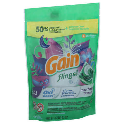 Gain, Flings 3 In 1 Moonlight Breeze Detergent Pods, 31 Count (Case Of 4)