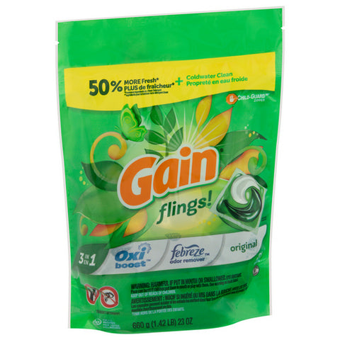 Gain, Flings 3 In 1 Original Detergent Pods, 31 Count (Case Of 4)