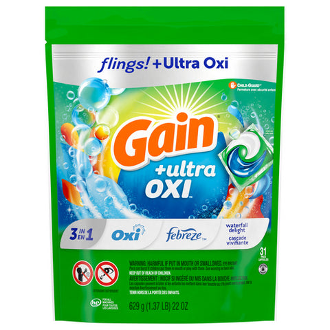 Gain, Flings Ultra Oxi Laundry Detergent Pacs Waterfall Delight Scent, 31 Count (Case Of 4)