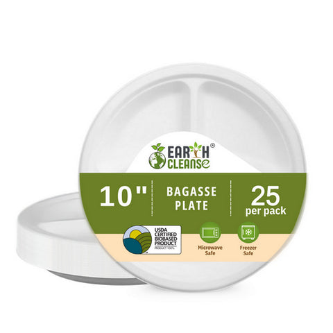 Earth Cleanse, Bagasse 10-Inch 3-Compartment Round Plates, Pack of 25