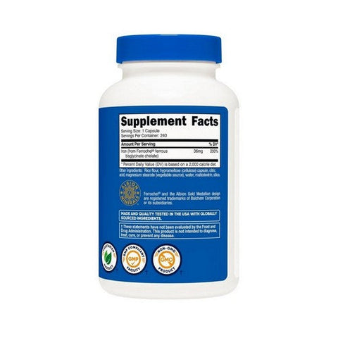 Nutricost, Iron Chelate From Ferrochel, 36 Mg, 240 Caps Nutricost
