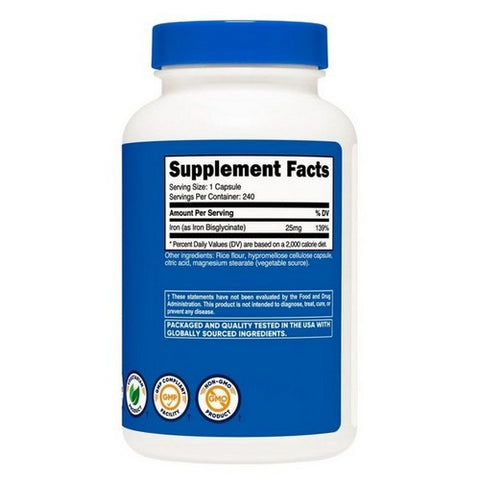 Nutricost, Iron Bisglycinate Capsules, 25 Mg, 240 Count