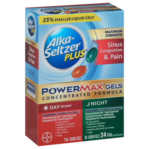 Alka-Seltzer, Power Max Cough Sinus Cold Day And Night Liquid Gel Capsules, 24 Count (Case Of 3)