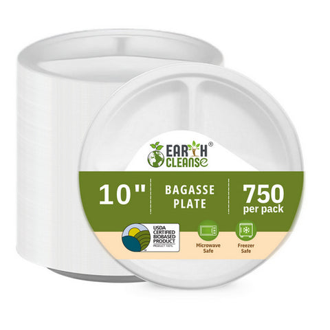 10" Round 3 Compartment Round Bagasse Plate Premium 750 Pack by Earth Cleanse