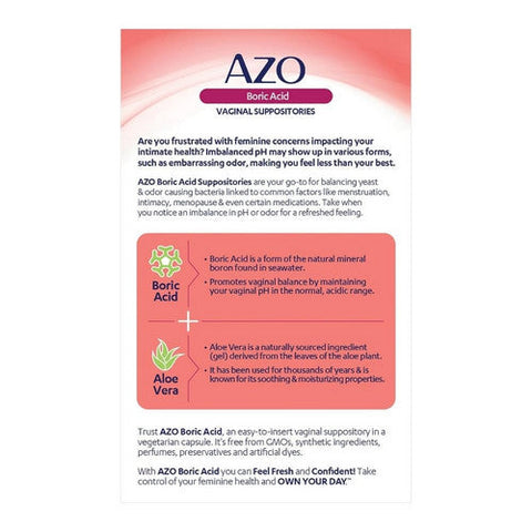 Azo, Boric Acid Vaginal Suppositories With Aloe, 30 Count Azo