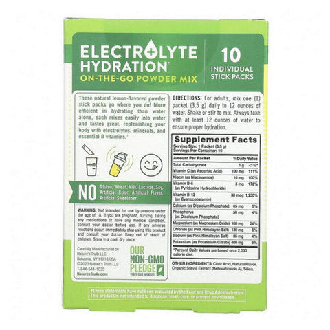 Nature's Truth, Electrolyte Hydration + B Vitamins On-The-Go Powder Mix Stick Packs Lemon, 10 Sticks Nature's Truth