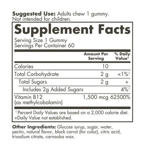 Solgar, Ultra Potency Vitamin B12 Gummies Raspberry, 1500 Mcg, 60 Count Solgar