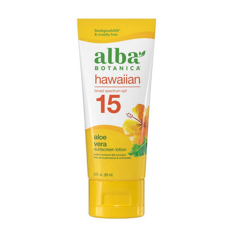 Alba Botanica, Hawaiian Aloe Vera Sunscreen Lotion SPF 15, 3 Oz