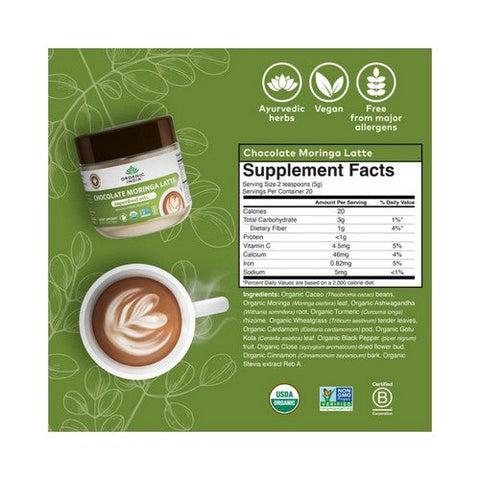 Organic India, Chocolate Moringa Latte Powder, 3.52 Oz Organic India