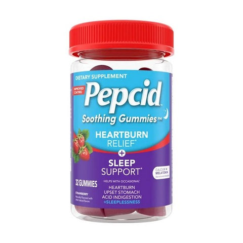 Pepcid, Soothing Heartburn Relief Plus Sleep Support Gummies Strawberry, 32 Count Pepcid