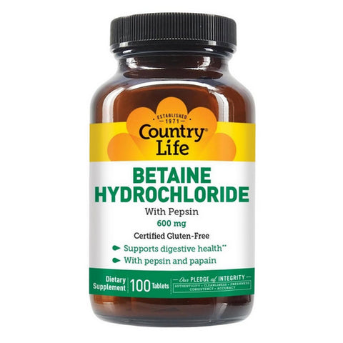 Country Life, Betaine Hydrochloride with Pepsin, 600 MG, 100 Tabs