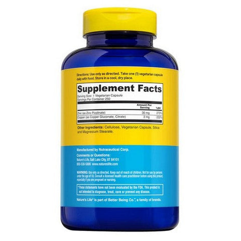 Nature's Life, Zinc, 30 Mg, 250 Veg Caps Nature's Life