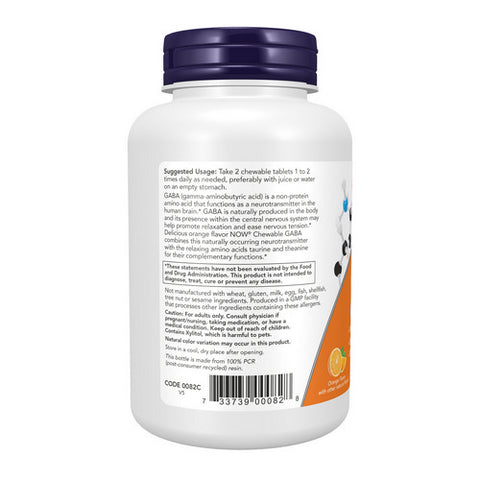 Now Foods, GABA, 250 mg, Orange Flavour 90 chewables