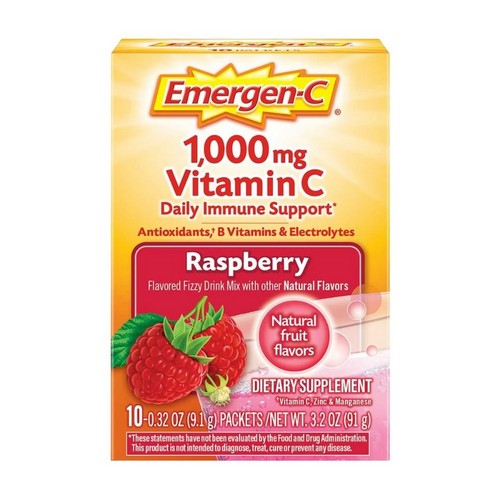 Emergen-C, Daily Immune Support Vitamin C Fizzy Drink Mix Raspberry, 1000 mg, Pack Of 10