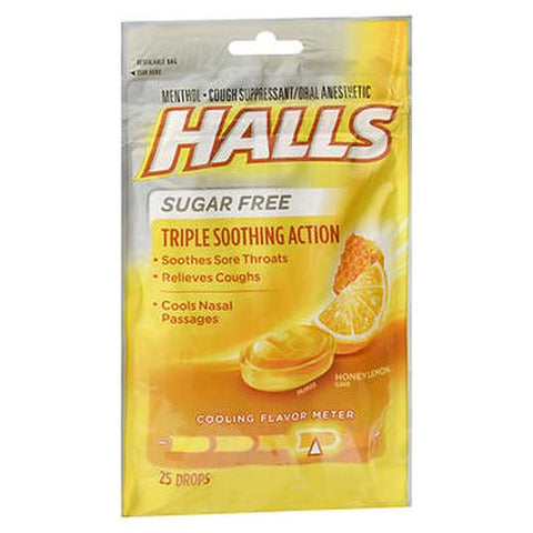 Halls, Cough And Throat Relief Menthol Drops Sugar Free Honey Lemon, 25 Lozenges