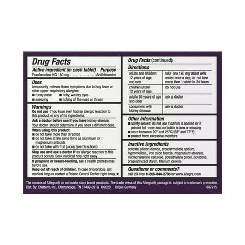 Allegra, Allergy 24 Hr Fexofenadine Hcl Antihistamine Tablets, 180 Mg, 30 Tabs