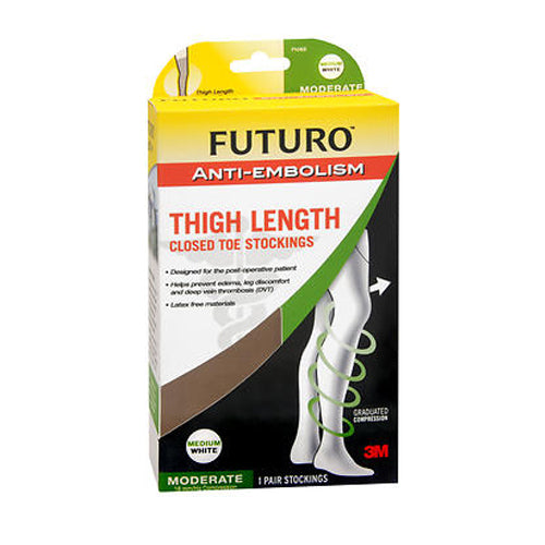 Futuro Anti-Embolism Thigh Length Closed Toe Stockings White Moderate Medium each By 3M