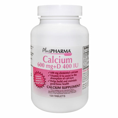 Plus Pharma, Calcium + Vitamin D, 600 mg/400 IU, 120 Tabs