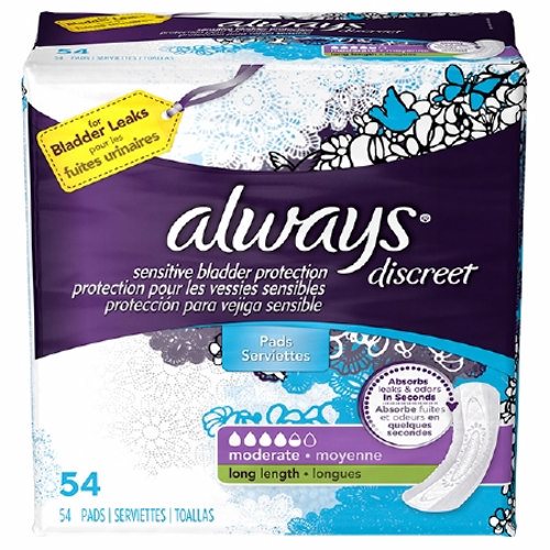 Always Discreet, Bladder Control Pad Always  Discreet Moderate Absorbency DualLock Core One Size Fits Most Adult Fema, Count of 54