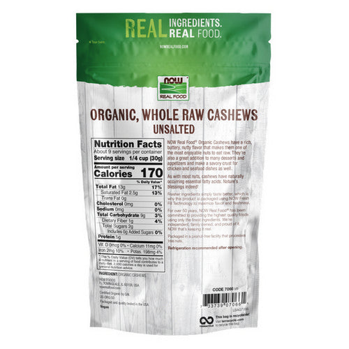 Now Foods, Whole Raw Certified Organic Cashews, 10 oz